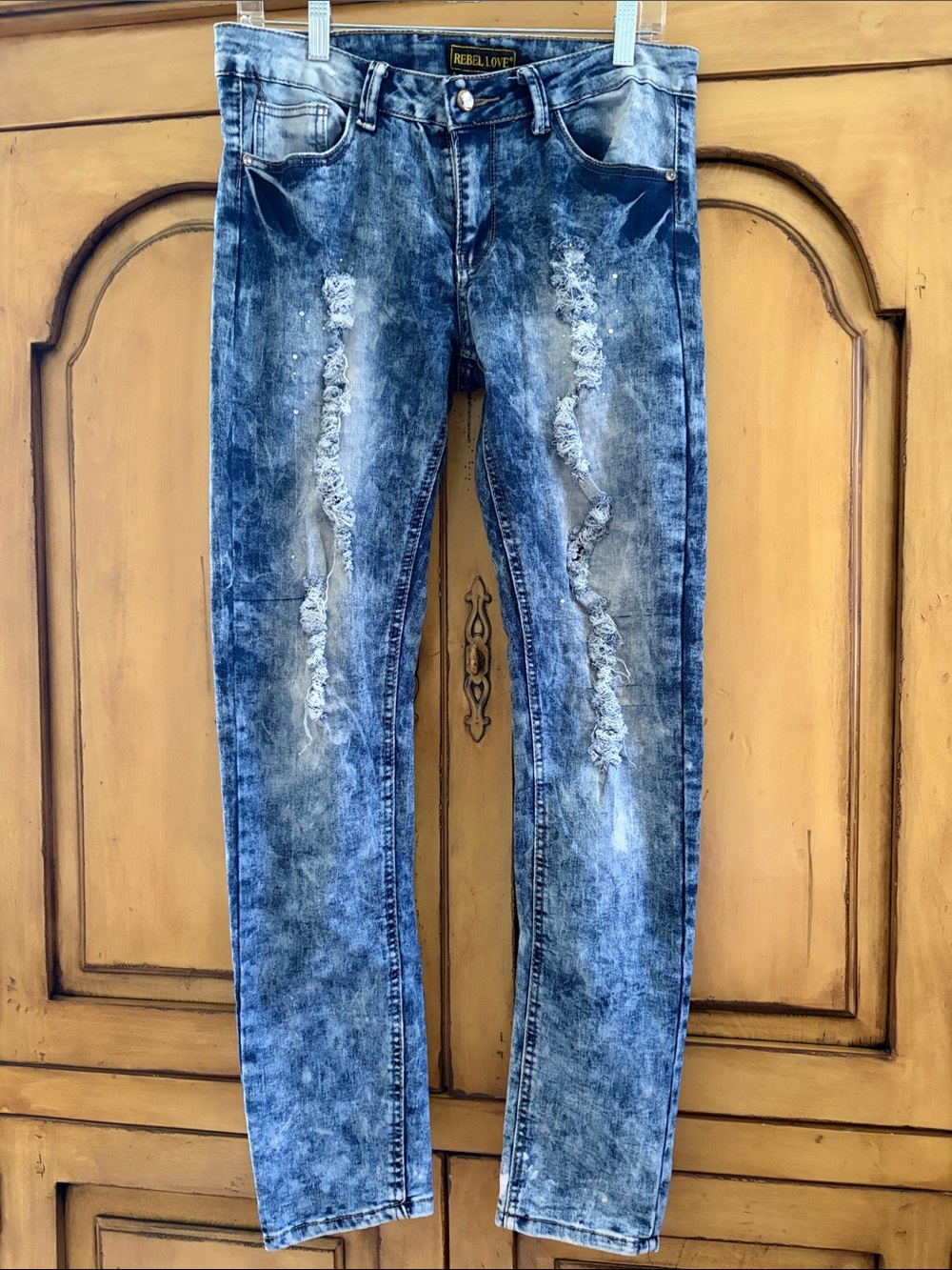 Women's Skinny Distressed Acid-Wash Jeans w/ Rhinestone Details